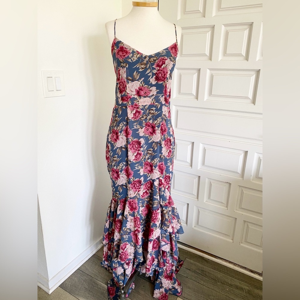 Long Maxi Mermaid Style Dress Blue Pink Floral Corset Lace Up Ruffles